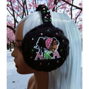 AKA‎ Black Earmuffs design with pink, green Logo, Pearls, rhinestone custom made